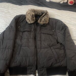 Calvin Klein Men's Black Puffer Jacket with Faux Fur Collar